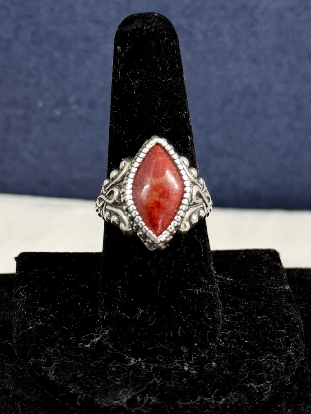 CAROLYN POLLACK Relios Southwestern Sterling Silver Etched Done Red Coral Ring 8